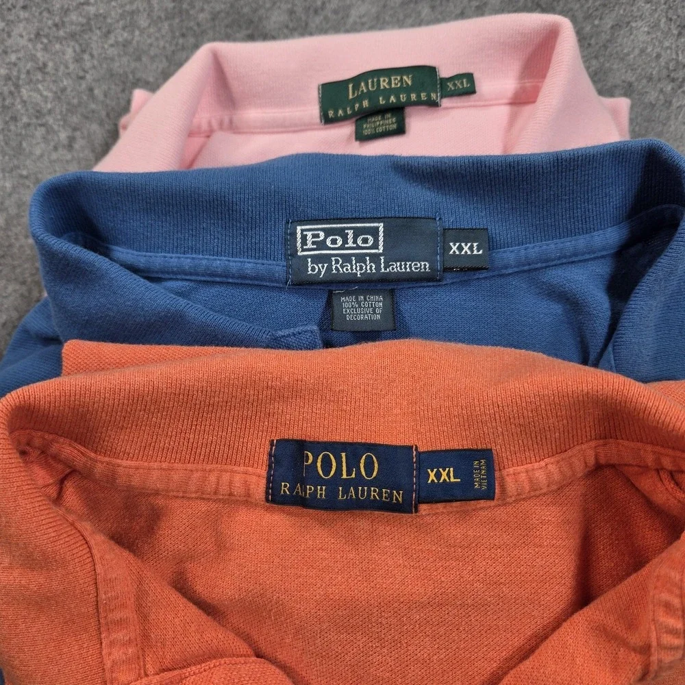 Ralph Lauren Polo Shirt Mens 2XL Lot 3 Solid Cotton Logo Blue Pink Orange Knit